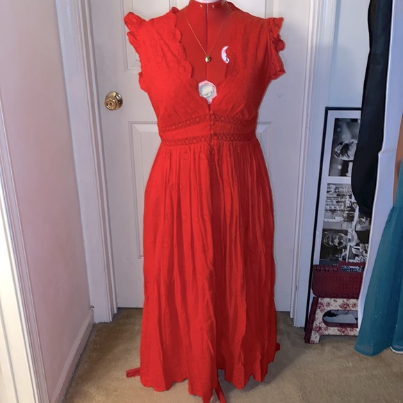 Free People Red Eyelet Sleeveless Button Front Dress - Picture 1 of 9